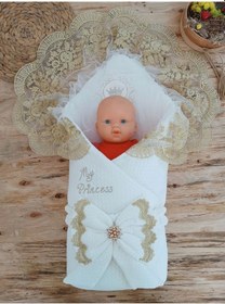 Resim Yenidoğan Pamuk Taç Benim Prensesim Nakışlı Trilüks Kundak Bebek Battaniyesi Ekru 