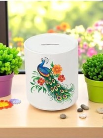 Resim Tavus Kuşu ve Çiçek Deseni Baskılı 3'lü Seramik Kumbara 