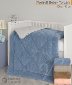 Resim Lüks Welsoft Bebek Yorganı | 100x150 cm | Çift Taraflı Kullanım - Mavi 