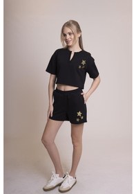 Resim Afloow Delicate Kadın Siyah Şort - Altın Yıldız Baskılı, Rahat Kesim, Spor Ve Günlük Kullanım İçin Siyah 