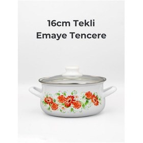 Resim 16cm Çiçek Desenli Tekli Cam Kapaklı Emaye Güveç Tencere Beyaz 
