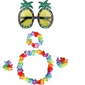Resim Renkli Ananas Gözlük, Taç, Kolye ve Bileklik Seti 
