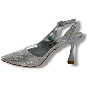 Resim Mengi 685-26 Parlak Simli Saten İnce Topuk Arkası Açık Kadın Stiletto 9cm GÜMÜŞ 