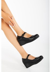 Resim Baretli Suni Deri Siyah Siyah Kadın Dolgu Taban Ayakkabı-4356 Siyah - Siyah 