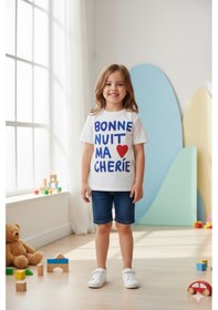 Resim Monila Kız Çocuk Beyaz Baskılı Pamuklu Bisiklet Yaka T-shirt Ekru 