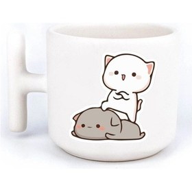 Resim Mochi Cat Sevimli Aşk Sevgilli Eş El Yapımı T Kulplu Fincan Beyaz 