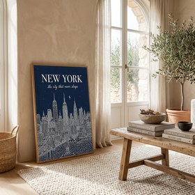 Resim New York Line Art Print - Navy Manhattan Skyline Empire State Brooklyn Bridge Wall Art - Wooden Frame - White / 16 x 20" (40x50 cm) 