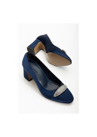Resim Dilimler Ayakkabı Kadın Siletto Topuklu Ayakkabı Lacivert Saten Taşlı Kalın Topuklu-4170 Lacivert 