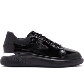 Resim Men's Black Lace-up Patent Leather Sneaker 