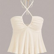 Resim Cross Front Ruched Halter Üstü, Rahat Bağlı Yaz Kolsuz Üst, Coquette/Cute/Y2K Tarzı Kadın Giyim için 
