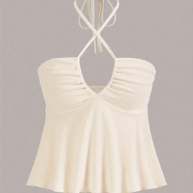 Resim Cross Front Ruched Halter Üstü, Rahat Bağlı Yaz Kolsuz Üst, Coquette/Cute/Y2K Tarzı Kadın Giyim için 