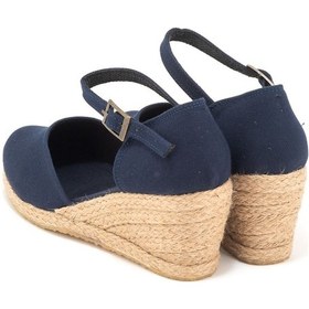 Resim Gerçek Elişi Topuğu Kapalı Bilekten Bantlı Keten Espadril Dolgu Topuk Handmade Lacivert 