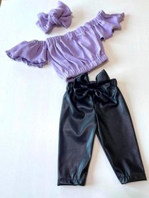 Resim Özge Başaran Kız Çocuk, Likralı Deri Fiyonk Detaylı Pantolon, Lila Straplez Crop Bluz Ve Saç Lila 