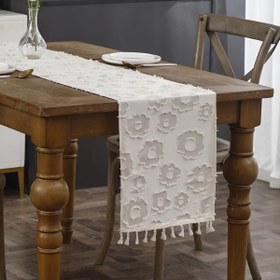 Resim 1 adet Bej Bohem El Yapımı Polyester Masa Koşucusu Çiçek Jakarlı Tasarım ve Püsküller ile - Rustik veya Boho Tarzı için Şık Yemek Masası Dekoru, Masa Süslemeleri 