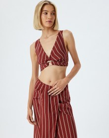 Resim Koton Koton X Melis Ağazat - Crop Büstiyer V Yaka Viskon Gipeli Slim Fit Kahverengi Çizgili 4sak30144ew 