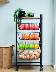 Resim Dekoratif Siyah Metal Sebzelik Tekerlekli 4 Raflı Tel Sepetli Çok Amaçlı Stand Siyah 