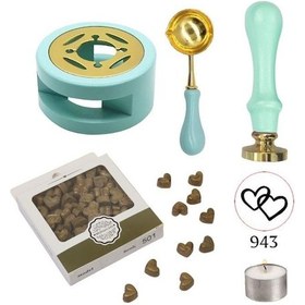 Resim Davetiye Mum Mühürü Uygulama Seti Su Yeşili Renk 943 Çifte Kalp 