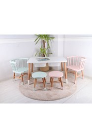 Resim Anne ve Tasarım Özel Üretim 2-6 Yaş Ağaç 2 Çocuk Sandalyesi & 2 Tabure & 4 Kişilik Masa 