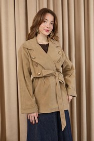 Resim Soul Kadın Broş Detaylı Kısa Trench - 32405 - MINK 
