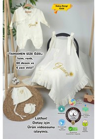 Resim Gros Shop Müslin Yeni Doğan 4katlı Organik %100pamuk Kişiye Özgü Nakışlı Hastane Çıkış Seti Güneş Model-2 Ekru-1 