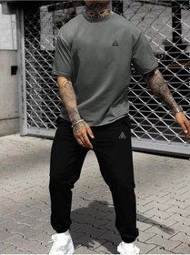 Resim Ufo Logo Füme T-shirt Siyah Eşofman Altı Jogger- Baskı Alt Üst Eşofman Takımı Oversize Bisiklet Yak Füme Siyah-138855 
