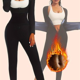 Resim Kadınlar için [Şık Tarz] Uzun Kollu Sauna Tulumu - Siyah, Fermuarlı Karın Kontrol Bel Eğitici, Fitness & Koşu için Zayıflatan Vücut Şekillendirici, Polyester ve Elastan Karışımı 