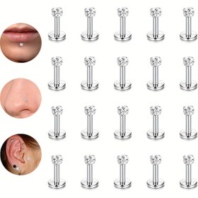 Resim 20 Adet Hipoalerjenik Paslanmaz Çelik Dudak Labret Tragus Helix Monroe Piercing Çivisi - 16G 3mm CZ Şeffaf Takı (6mm 8mm 10mm) Erkek Modası, Hassas Bej Renk, Dayanıklı Yüz Piercing Aksesuarları, Çok Yönlü Vücut Piercingi, Yuvarlak Tasarım, Cilt Dostu Malzeme 