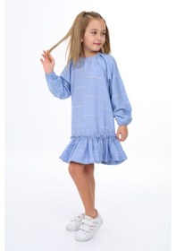 Resim Toontoy Kız Çocuk Reglan Kol Fırfır Büzgülü Elbise Mavi 