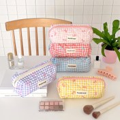 Resim Fiyonklu Kapitoneli Kalem Kutusu - Kadınlar ve Kızlar için Fermuarlı Polyester Ekose Kozmetik Çanta Düzenleyici 