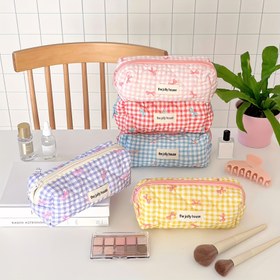 Resim Fiyonklu Kapitoneli Kalem Kutusu - Kadınlar ve Kızlar için Fermuarlı Polyester Ekose Kozmetik Çanta Düzenleyici 