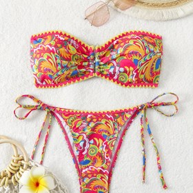Resim Şık Yüksek Bel Bandeau Bikini Takımı, Yan Bağlamalı Alt - Esnek, Makinede Yıkanabilir Polyester Karışımı, Rastgele Baskı Tasarımı 