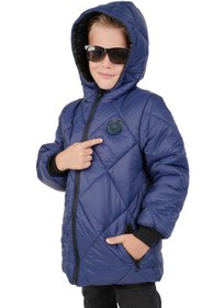 Resim Merdia Kids Erkek Çocuk Su Ve Rüzgar Geçirmez İçi Kürklü Kapüşonlu Mont Baklava Desenli Lacivert 