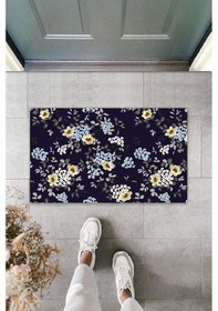 Resim Lacivert Kapı Önü Paspası Minik Çiçekler Desen K-3249 