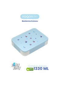 Resim 1330 Ml Tek Kat 6 Bölme Çocuk Beslenme Kutusu Çatal / Kaşık / Sos Kaseli -ffb1265 Mavi 