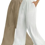 Resim Kadın 2 parçalı Yüksek Bel Geniş Bacak Pantolon - Bol Kesim, Hafif Polyester, Siyah ve Beyaz, Bağcıklı Bel, Bahar/Yaz/Sonbahar Rahat Geziler için Mükemmel, Yüksek Bel Tayt 