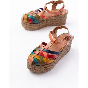 Resim 684-02 Taba Multi Ortopedik Hakiki Deri Dolgu Kadın Sandalet Multi Çok Renkli 