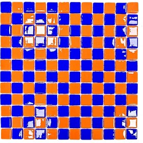 Resim MozaiKristaL Tüm Yüzeyler Için 25X25MM. Mavi-Turuncu Damalı, 31,5X31,5CM. Fileli Cam Mozaik. (10 File=1 M2 Fiyatı) 