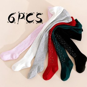 Resim 6'lı Paket Kızlar İçin Parıltılı Ayak ve Topuklu Dar Paça Tayt - Tüm Sezonlara Uygun Düz Renk & Dikey Çizgili Bacak Giysisi, 32/D Denye Fırın Kenarlı Şeffaf Taytlar, Okul ve Partiler için Rahat Günlük 