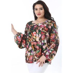 Resim Kadın Büyük Beden Renkli Roba Büzgülü Kol Ağzı Lastik Detaylı Uzun Kollu Bluz 65n38246-renkli Çok Renkli 