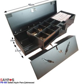 Resim SAYPOS Flip Top Para Çekmecesi 24V Pos Bağlantı Üstten Açılır Metal Para Kasası 6 Dikey Banknot 46x17x10cm 