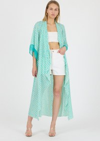 Resim Laranor Puantyeli Şal Yaka Kol Ucu Saten Detay Volan Kol Şifon Maxi Kimono Kaftan Plaj Giyim 25L8115 