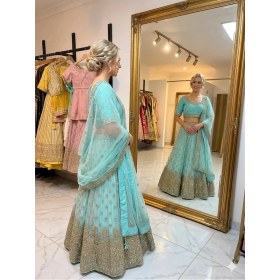 Resim Aashiv's Collection Gelinlik Hint Lehenga Choli Takımı Turkuaz Işlemeli 
