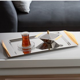 Resim Nehir Kuzey Altın 18/10 Paslanmaz Çelik Çay Kahve Servis Tepsisi 