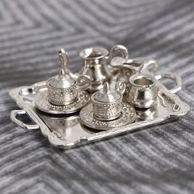 Resim 10 adet 1/12 Bebek Evi Minyatür Gümüş Metal Çay Kahve Tepsisi Sofra Takımı 