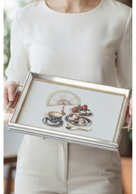 Resim Gümüş Çerçeveli Çay Ve Tatlı Temalı Lüks Dikdörtgen Cam Tepsi - 44x30 Cm Diğer 