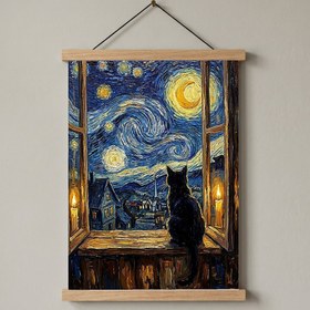 Resim Black Cat Window Print - Van Gogh Starry Night Cozy Cottage Wall Art - With Hanger - Wood / 20 x 28" (50x70 cm) 