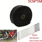 Resim 5 cm x 5 m Motosiklet Egzoz Sarma Muffler Isı Koruyucu Sistemi Paslanmaz Çelik Bağlama Tesisleri ile - Siyah, Dayanıklı Cam Elyaf Malzeme, Off-Road Motosikletler için İdeal, Tam Sistem|Paslanmaz Çelik Bağlama Tesisleri|Parlak Bitiş 