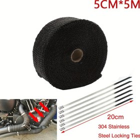 Resim 5 cm x 5 m Motosiklet Egzoz Sarma Muffler Isı Koruyucu Sistemi Paslanmaz Çelik Bağlama Tesisleri ile - Siyah, Dayanıklı Cam Elyaf Malzeme, Off-Road Motosikletler için İdeal, Tam Sistem|Paslanmaz Çelik Bağlama Tesisleri|Parlak Bitiş 