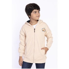 Resim Toontoy Kids Toontoy Erkek Çocuk Kapüşonlu Fermuarlı Cepli Düşük Omuz Nakış Baskılı Örme Hırka - 3 İplik Şardonsuz Bej 