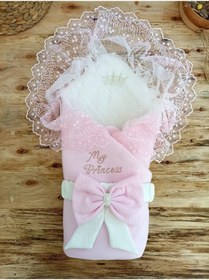 Resim Tomuycuk Kız Bebek Kundağı & Battaniyesi - Pembe & Dantelli Hastane Çıkışı & Mevlütlük - %100 Pamuklu 